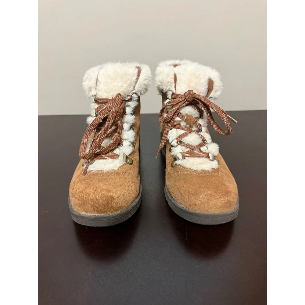 Earth Origins Remi Ankle Boots Brown Suede Women 7.5 Faux Fur Trim Lace Up Comfy